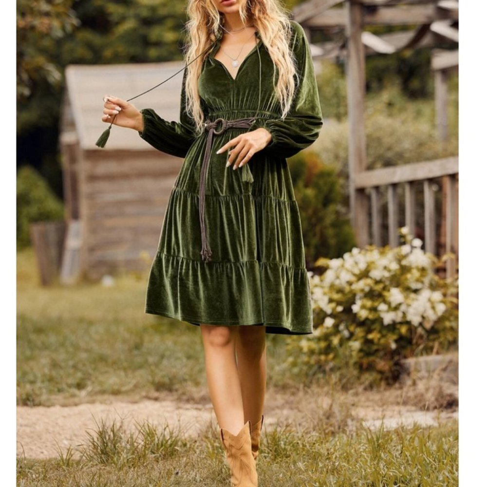 Green OliveBoho Tie Neck detail Lantern Sleeved Velvet Cottagecore Dress - Picture 7 of 7